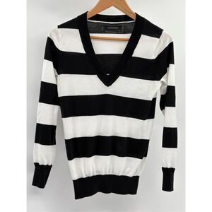 Club Monaco Black and White Striped V-Neck Sweater